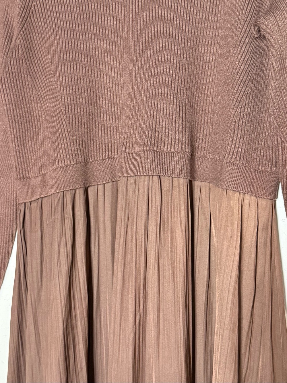 Anthropologie Twofer Knit Ribbed Satin Pleated Maxi Dress Size 2X Brown - Picture 9 of 14